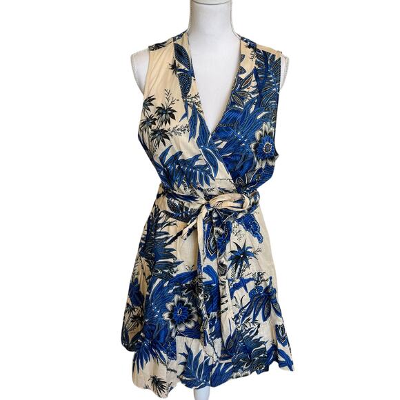 Banana Republic Dresses & Skirts - Banana Republic Wrap Dress Sundress Size Large Blue Cream Tropical Lined Cotton